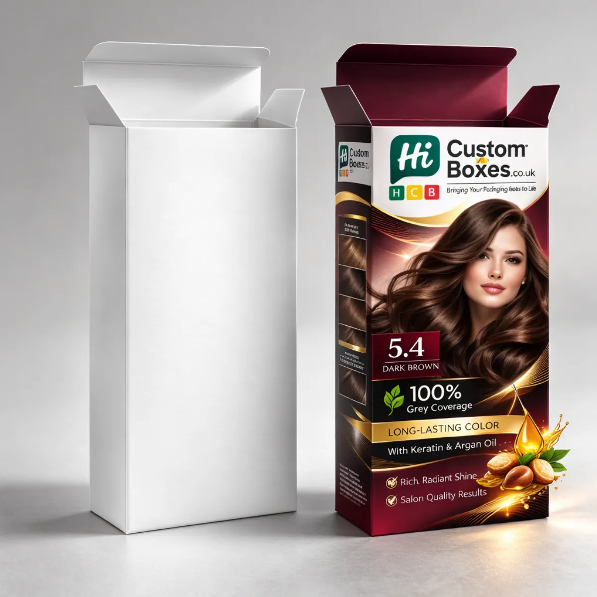 A tall white rectangular carton next to a professional hair dye box featuring a model's portrait. class=